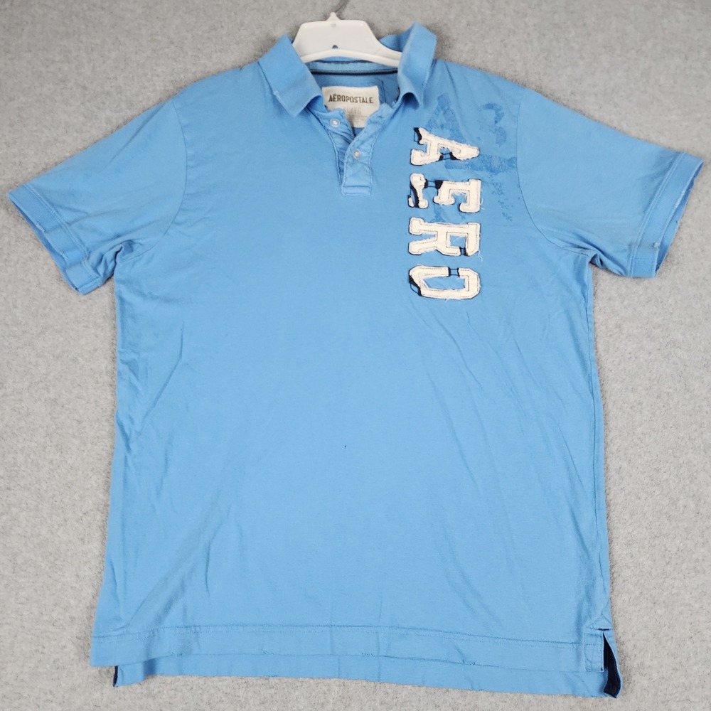 Aeropostale Polo Shirt Mens XL Blue Cotton Short Sleeve Collared High Low Slit